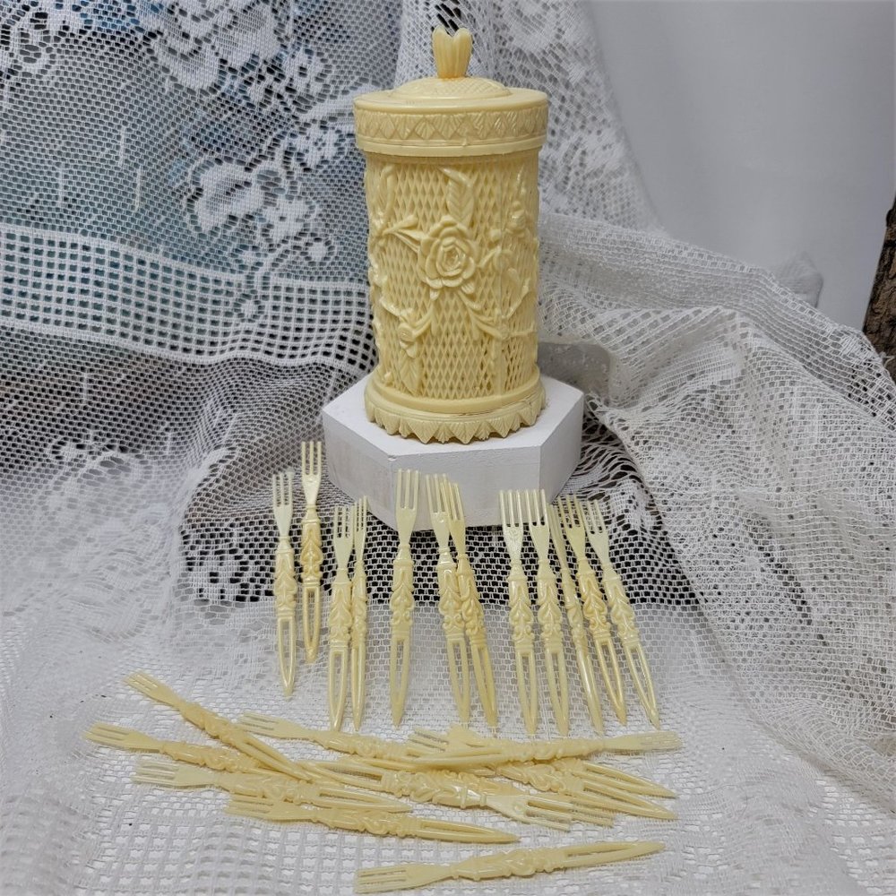 Vintage Celluloid 1960s Faux Ivory Cocktail Fork Set